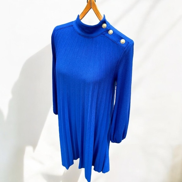🌻B.yu Blue Pleated Mock Neck Long Sleeve Swing Dress Gold Button Accents Size S - Picture 4 of 12